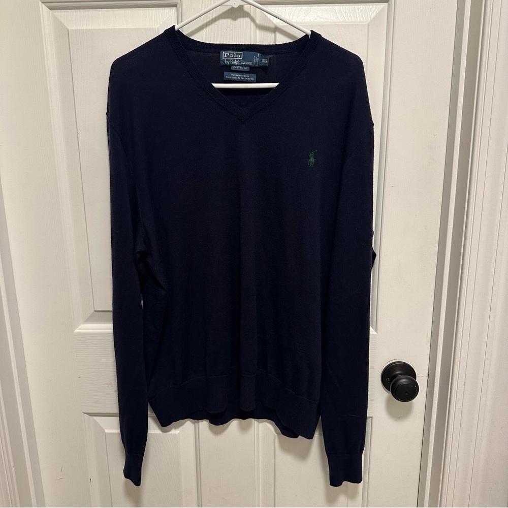 Polo Ralph Lauren Merino Wool V-neck Sweater Men's Custom Fit Navy Blue Size XXL
